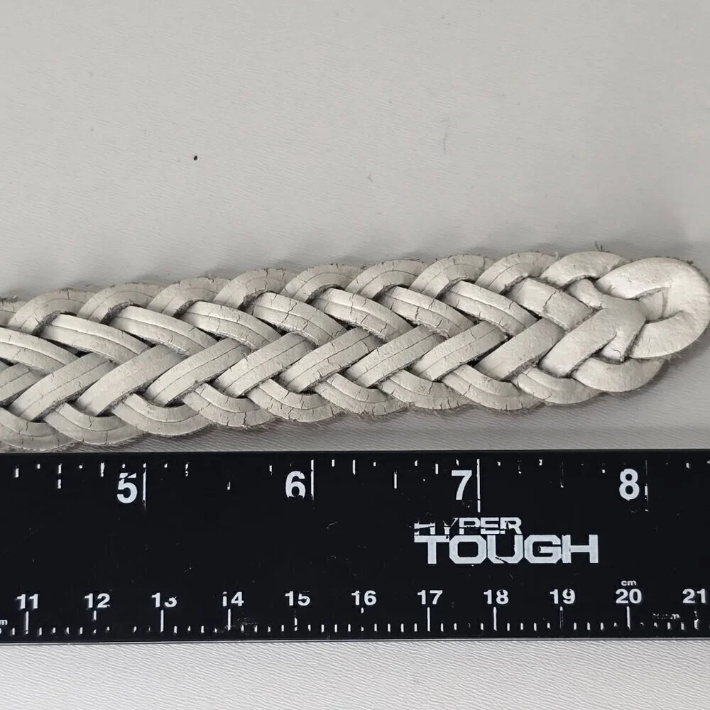 Women's White Distressed Cracked Leather Thin Skinny Woven  Boho Belt